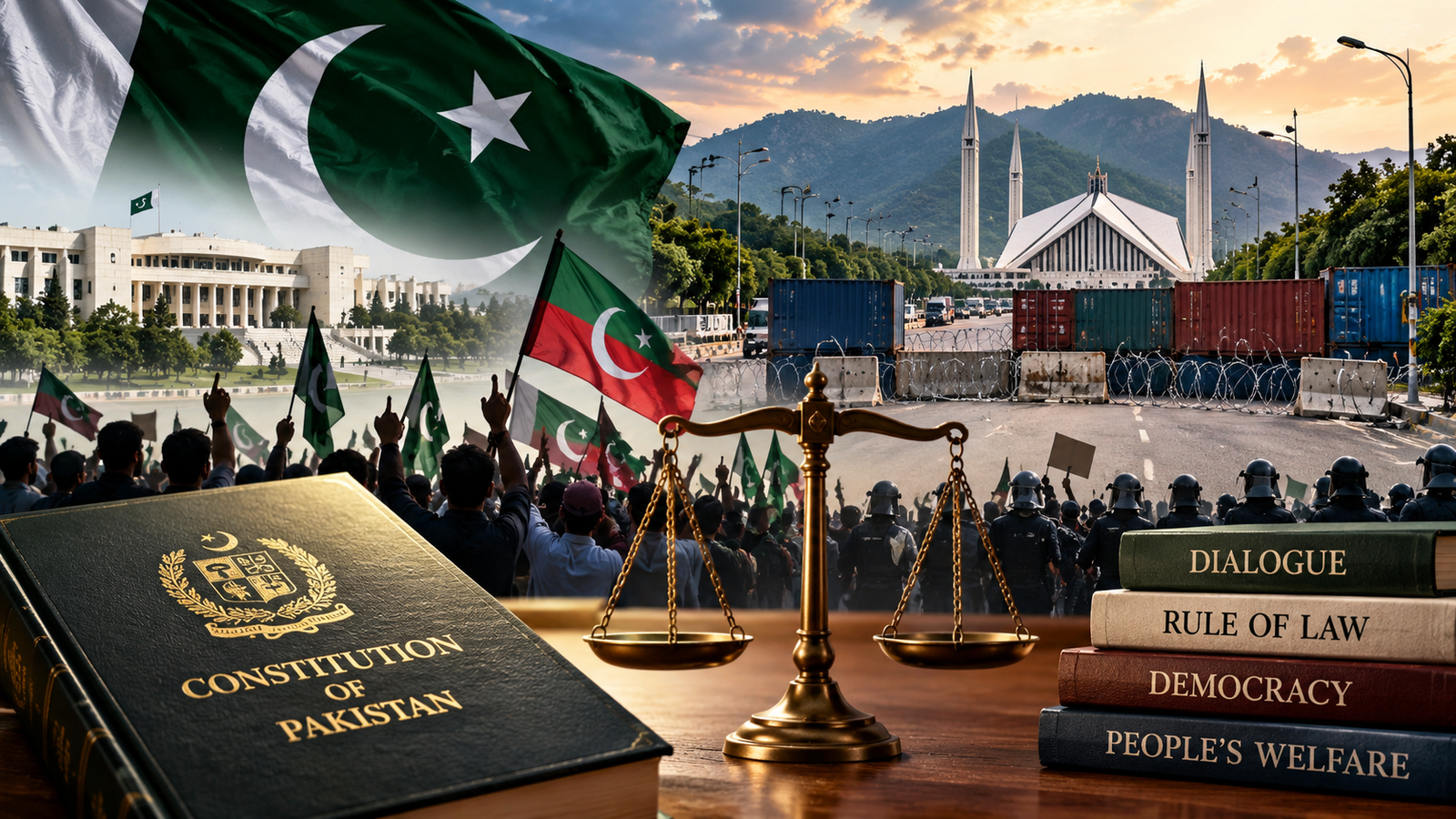 Pakistan democracy, political protests, road blockades and rule of law, with Parliament, Constitution of Pakistan and scales of justice.